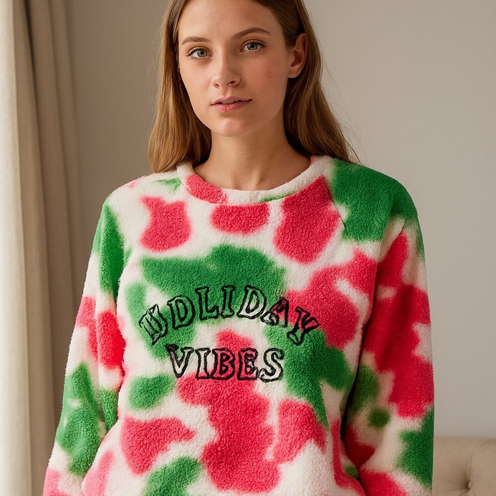 Rockin' Around Christmas Women M "Holiday Vibes" Fleece Festive Y2K Pullover NWT